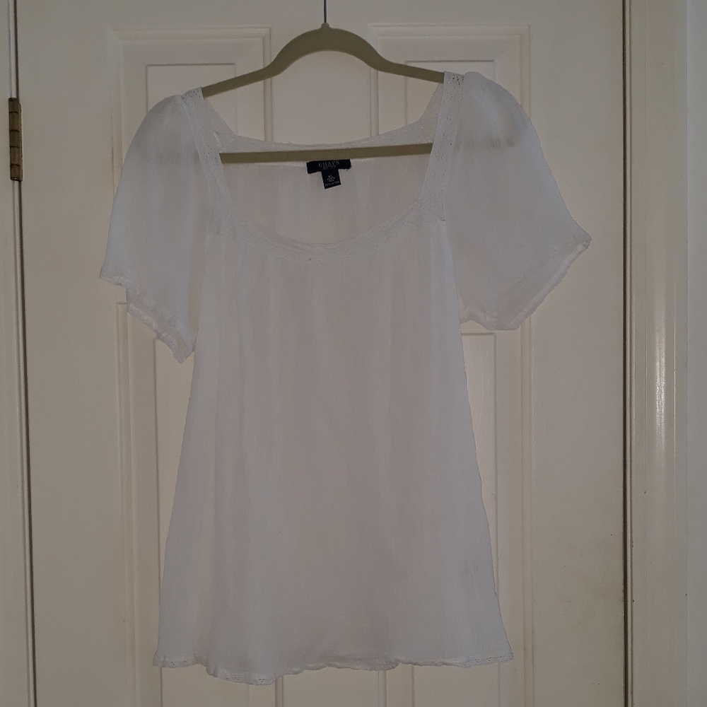 CHAPS White Crepe Textured Short Sleeve XL Blouse